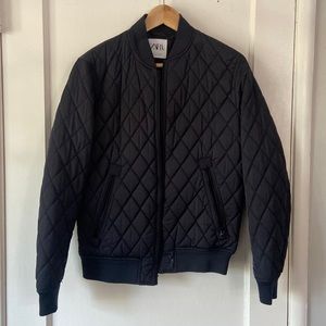 Zara Men Quilted Bomber Jacket Navy
